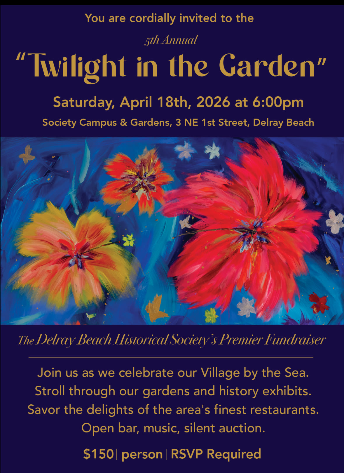 Invitation to Twilight in the Garden, the Delray Beach Historical Society's premier fundraiser, featuring Carol's painting